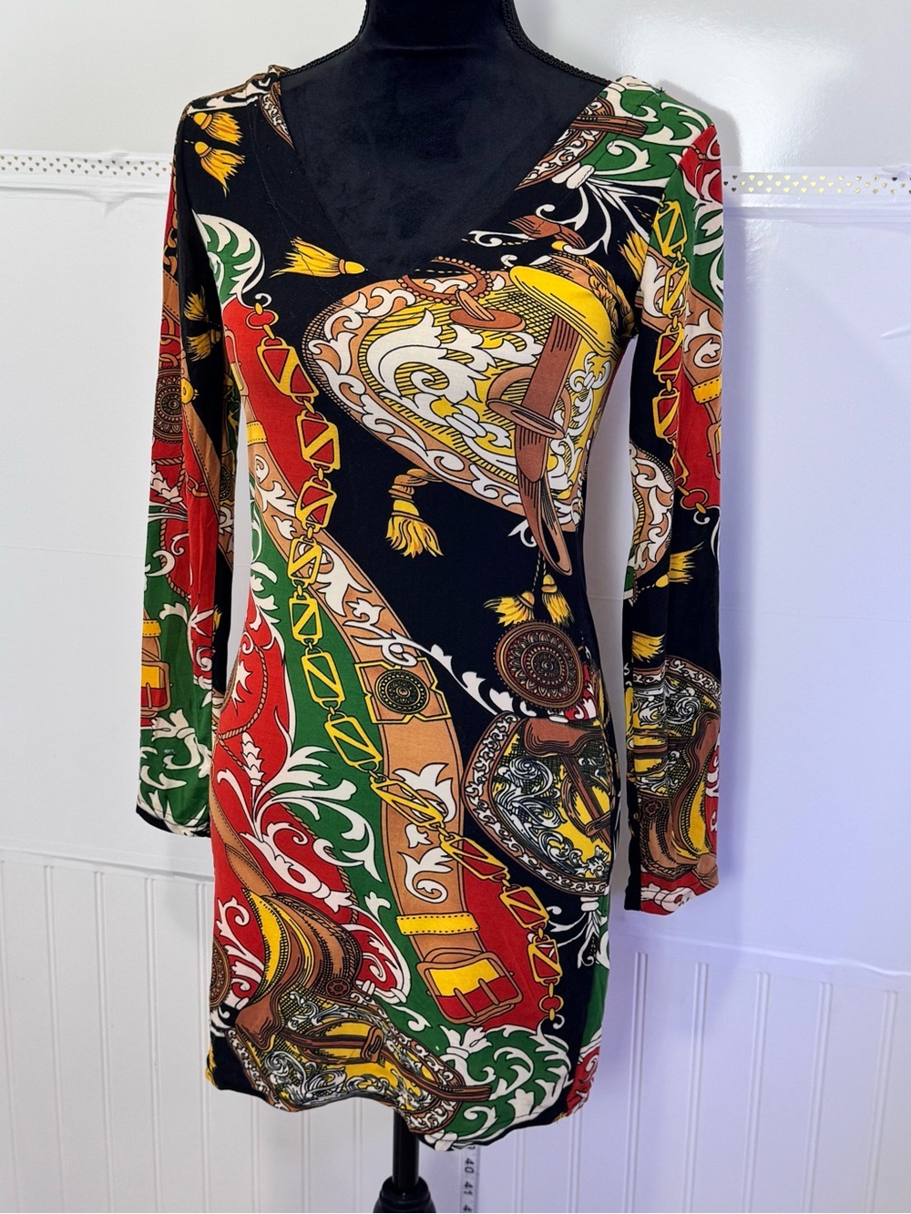 Long-Sleeve V-Neck Multi-Color Printed Women’s Dress